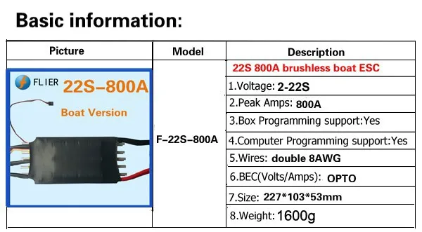 Flier Высокая мощная 22S 800A контроллер esc мотор для rc лодки гидрофольга электрическая доска для серфинга