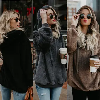 

Women Winter Solid Long Sleeve Hooded Jackets Loose Casual Pullover Fluffy Coat Hoodies Jacket Warm Tops