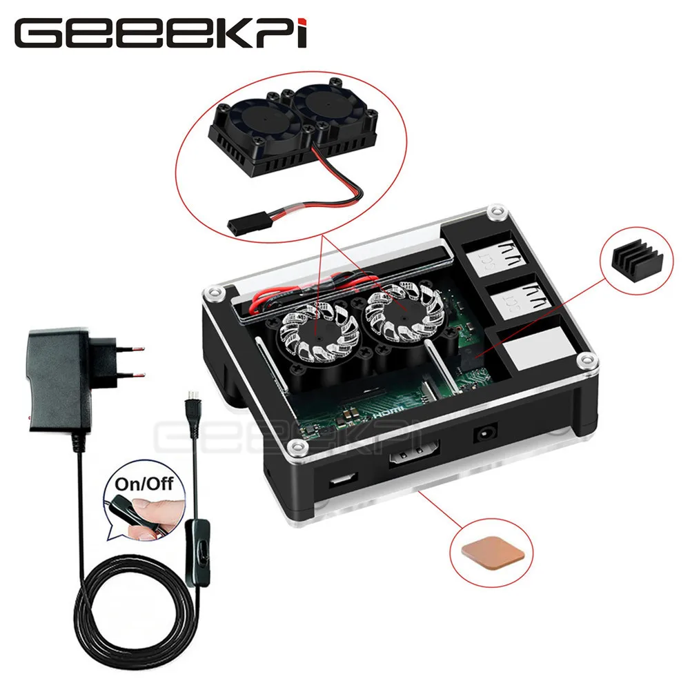 

GeeekPi Acrylic ABS Plastic Case with Optional 3B+ Version Dual Fan Heatsink 5V 2.5A Power Adapter for Rasberry Pi 3B Plus / 3B+