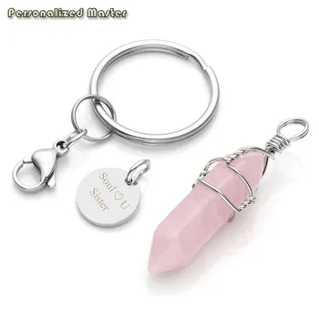 

Personalized Master Customized Name Symbol Keychains Natural Hexagon Prism Bead Stone key Chain gift for friends family lovers