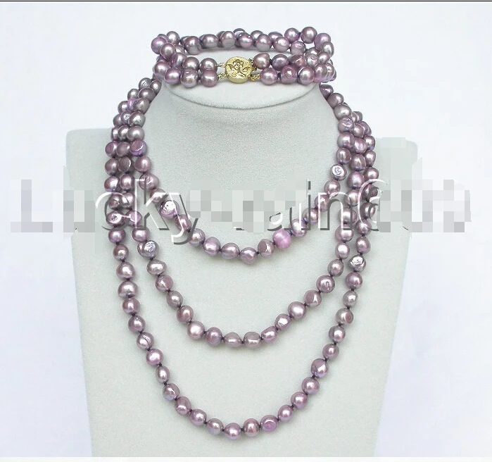 

stylish 49" 8-9mm baroque purple FW pearls necklace 2row bracelet set e1451 (A0423)