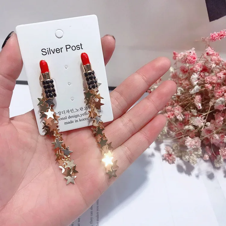 fashion Lipstick stars tassel earrings 925 silver post Hypoallergenic fadeless fashion jewelry stud earrings for women gift