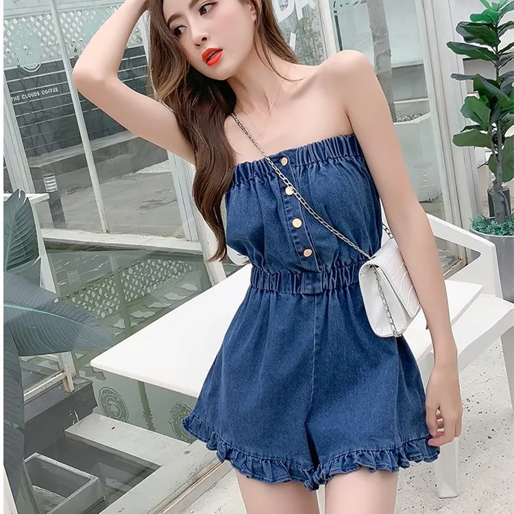 

2019 Women High Waist Ruffles Denim Overalls Sexy Strapless Sleeveless Wide Leg Rompers Loose Jeans Short Jumpsuit