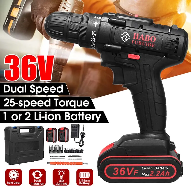 

DOERSUPP Dual Speed Electric Screwdriver Cordless Drill Impact Drill Rechargeable Power Driver 36V Max Lithium-Ion Battery