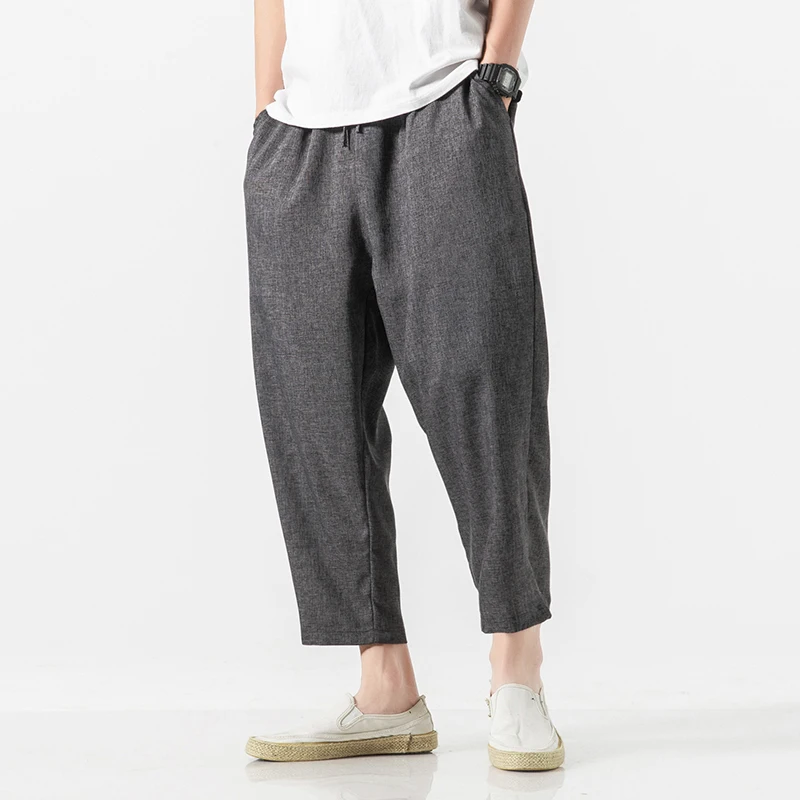 

2019 Summer Men Linen Harem Pants Fashion Casual Chinese Style Ankle-length Elastic Waist Loose Big Size Male Tapered Pants