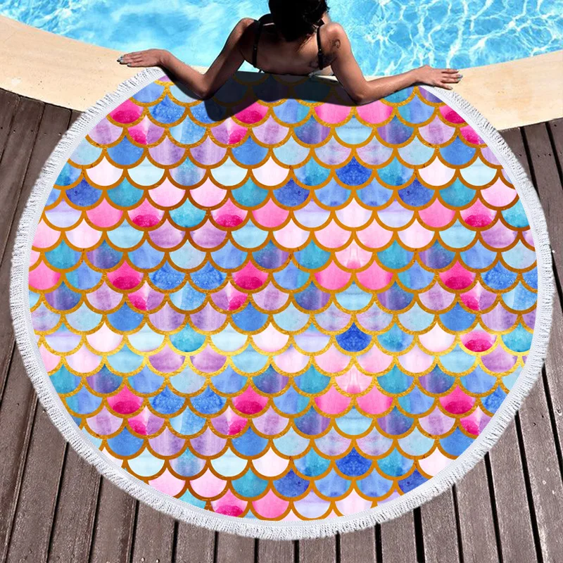 

INS Hot Mermaid Scale Rainbow Color Printed Beach Blanket 150cm Tassel Picnic Camping Mat Round Sandbeach Towel Pad Mattress