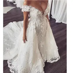 Свадебное платье со съемным верхом с плеча v-образный вырез цветы ручной работы кружевные свадебные платья 3d Свадебные платья с цветами