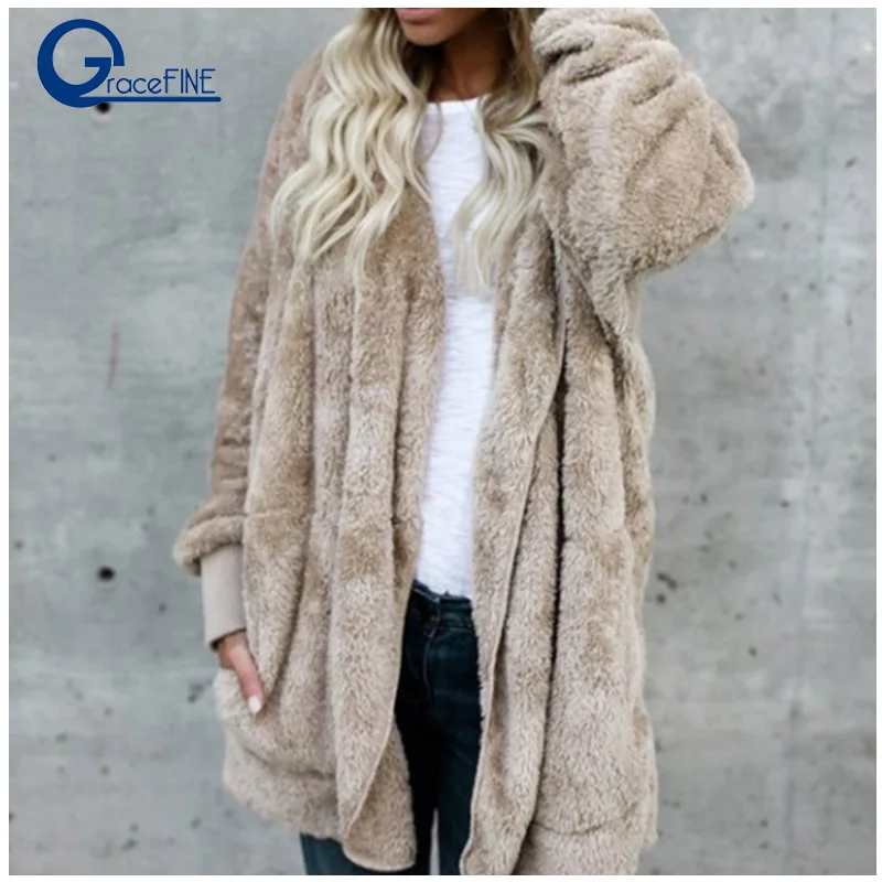 Goede Oversized Winter warm Faux Fur Jas vrouwen Jas vrouwen Lam Wollen Jas Roze Overjas Lange Mouwen Hooded Uitloper hoed vest