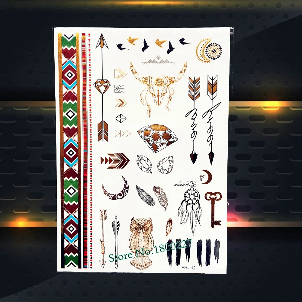 

Gold Metallic Tattoo Cute Ox Owl Bird Feather Pattern Waterproof Hand Finger Tattoo Temporary Henna Tattoo Jewel Sticker PYH-112