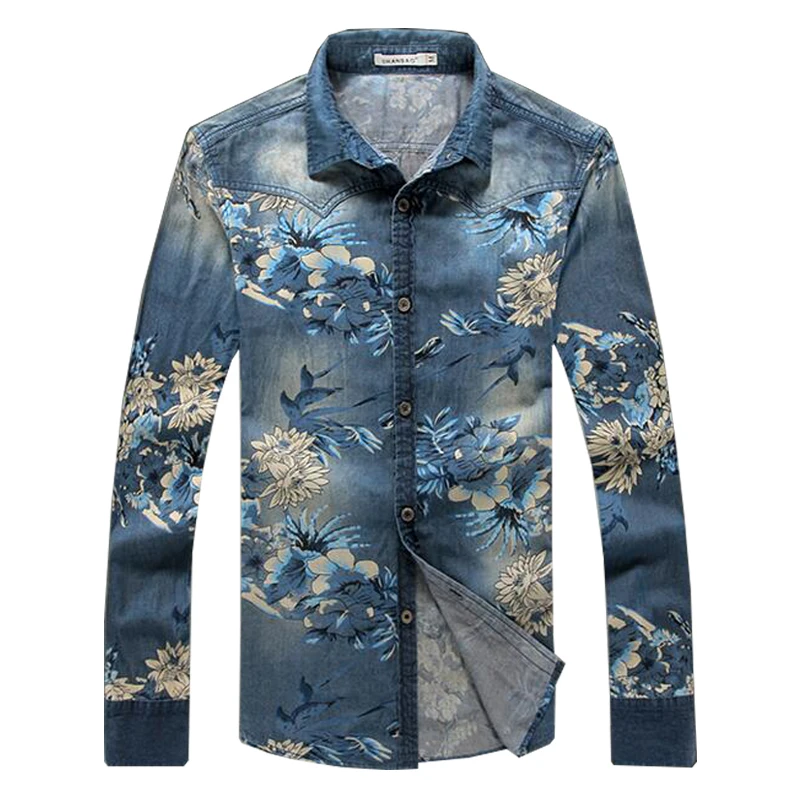 2016 Hot Sale Spring Autumn Men's Shirts Fashion Floral Denim Jeans