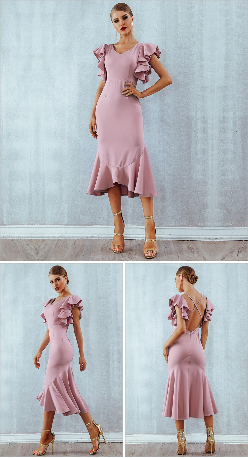 pink Ruffle Sleeveless Backless Bodycon Midi Dresses
