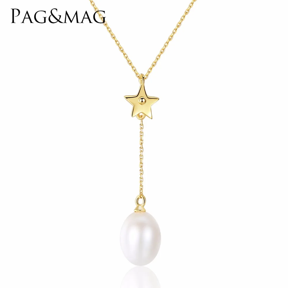 

PAG&MAG 18K Gold Color Charm Chain 9-10mm Natural Pearl Jewelry Star Necklaces & Pendants Bohemian Necklaces For women Best Gift