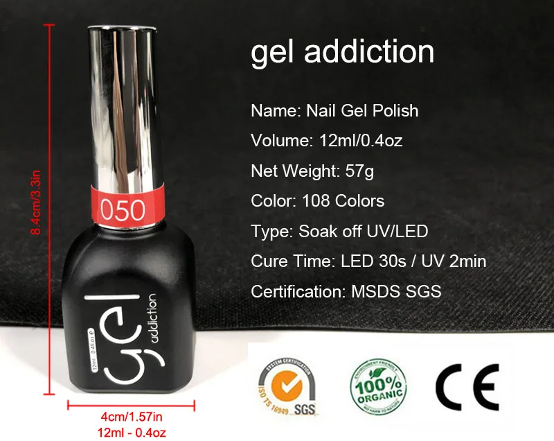 new Gel Addiction 108 colors soak off UV/LED gel polish base and top coat 12ml You can choose 6 different colors