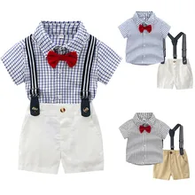 В настоящее время одежда для малышей для маленьких мальчиков джентльмен бант, футболка+ шорты комплект одежды комбинезоны