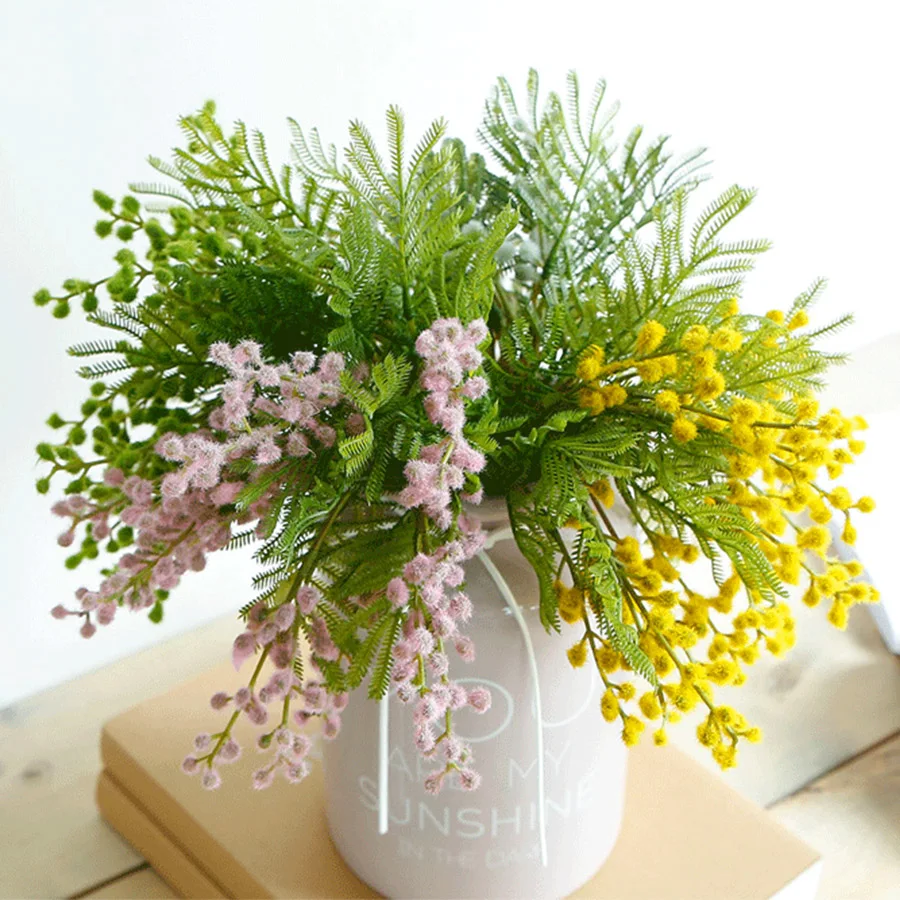 

Artificial flowers bunches flocked acacia bride holding bouquet fluffy plastic fern fake plant home living room table decoration