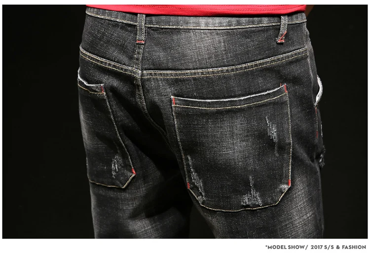 Черный Рваные джинсы Для мужчин хлопок сплошной Хип-Хоп Уличная Для мужчин шаровары Для мужчин s Череп печати байкерские джинсы мужские