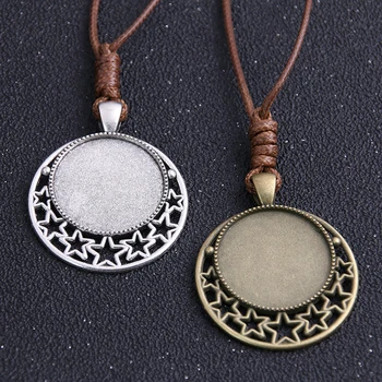 

1pcs Zinc Alloy Two Color 25mm Round Star Cabochon Settings Blank Cameo Pendant Base Tray With Leather Cord For Jewelry Making