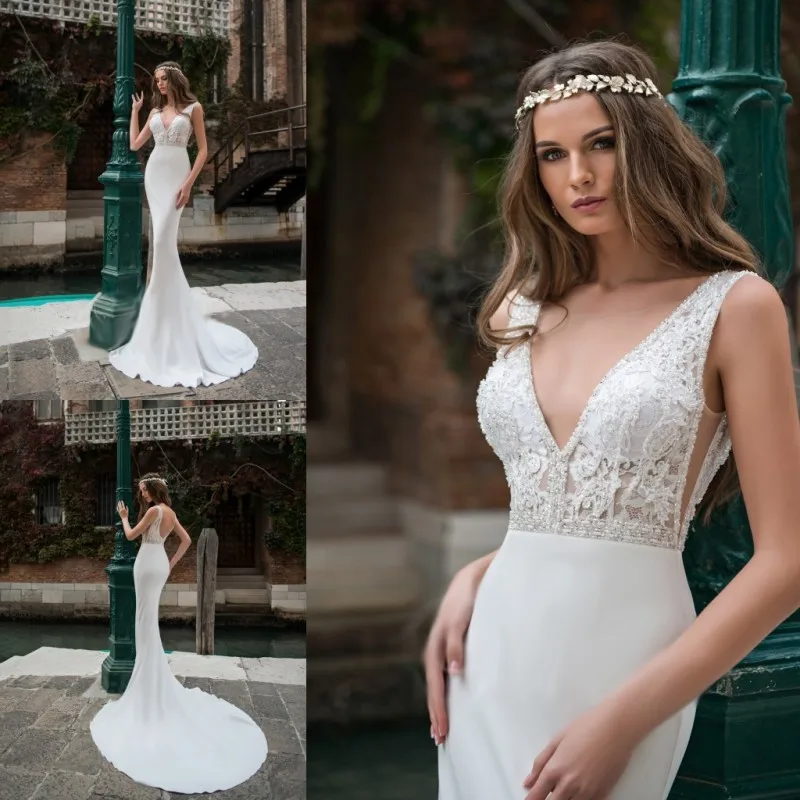 

Custom Made Mermaid Wedding Dress Sleeveless V Neck Lace Applique Beading Bridal Gowns Backless Sweep Train Vestido De Novia