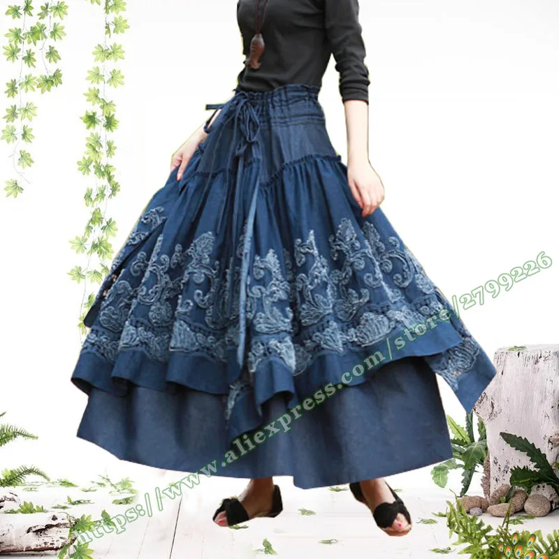 Осенне-зимняя женская юбка в стиле ретро размера плюс 6XL винтажная Повседневная джинсовая юбка-пачка с объемными цветами длинные юбки макси для женщин