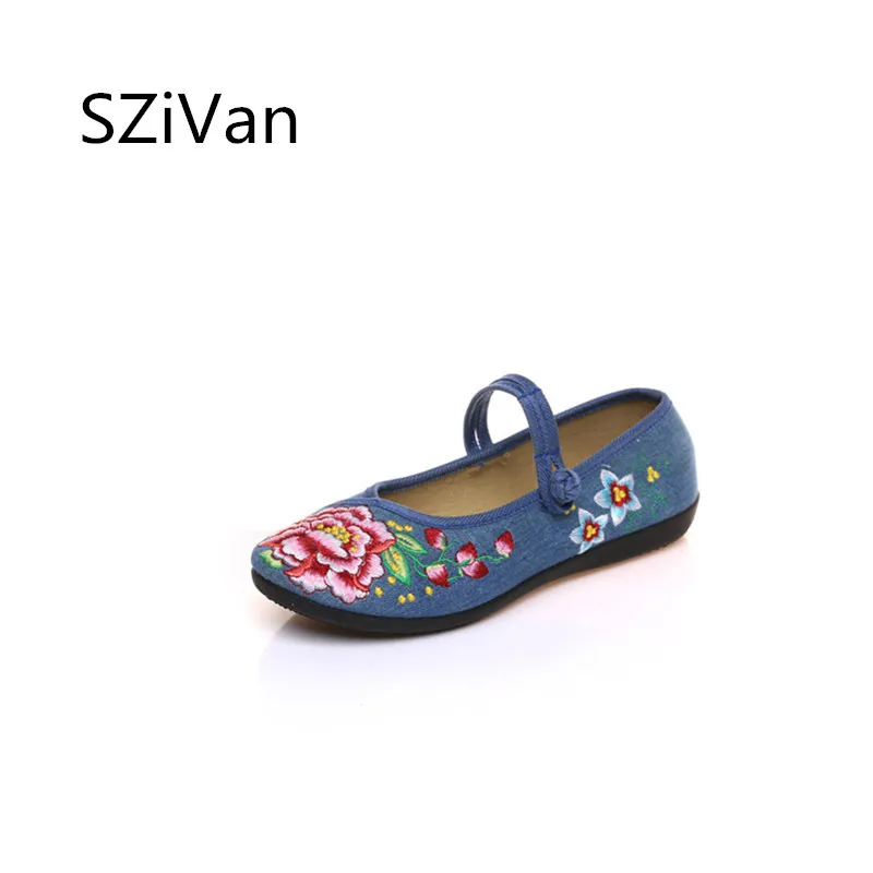 

Retro Style Women Denim Cotton Fabric May Jane Strap Flats Flower Embroidered Ladies Casual Comfort Soft Canvas Ballerina Shoes