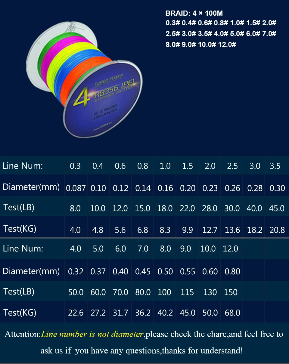 K8356 4 стойки PE плетеная рыболовная линия 100 м PE многонитевая плетеная проволока 8-150 фунтов 109 ярдов Плавная основная рыболовная линия