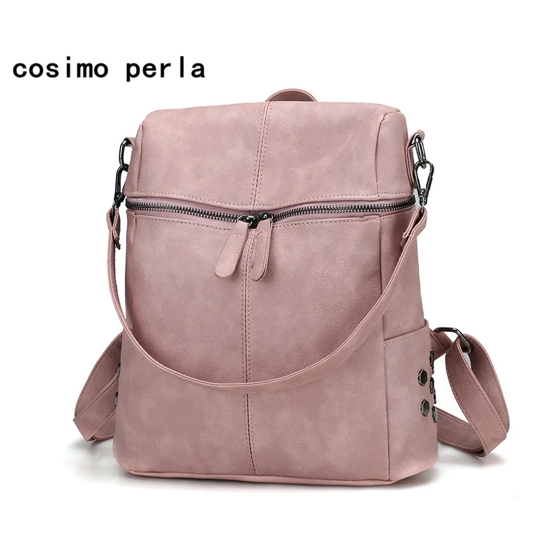 Pink Leather Women Backpack Bag Multifunctional Square Rucksack Rivet