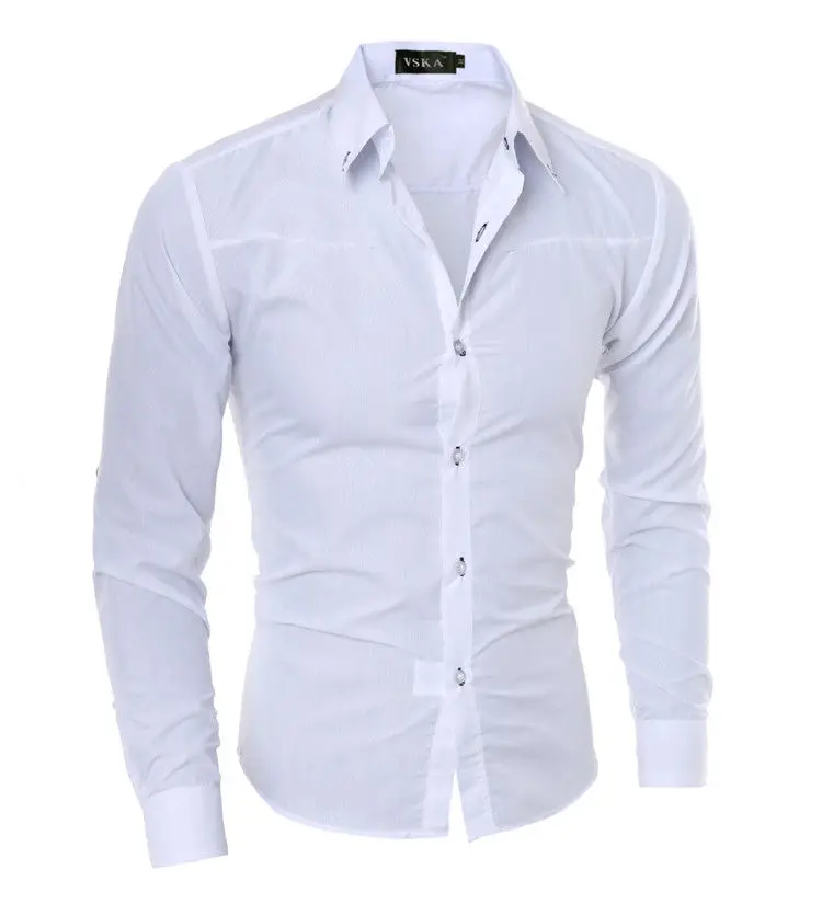Мужская приталенная деловая рубашка с длинным рукавом, повседневные хлопковые рубашки, топы черного, белого, красного, темно-синего цвета - Цвет: Белый