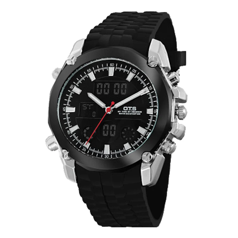 Новые OTS с двойным дисплеем водонепроницаемые светящиеся мужские спортивные часы наружные Часы светодиодный цифровые наручные часы - Цвет: Silver Black