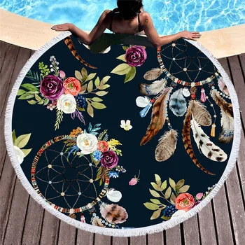 

New European Style Retro Round Beach Towel with Tassels Microfiber Diameter 150cm Swimming Pool Cushion Picnic Mat Bath Towels