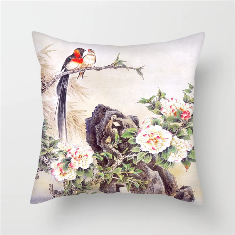 Fuwatacchi Birds Painting Pillow Covers Plum Blossom Cushion Covers for Home Sofa Chair Decors Flowers Landscape Pillowcases