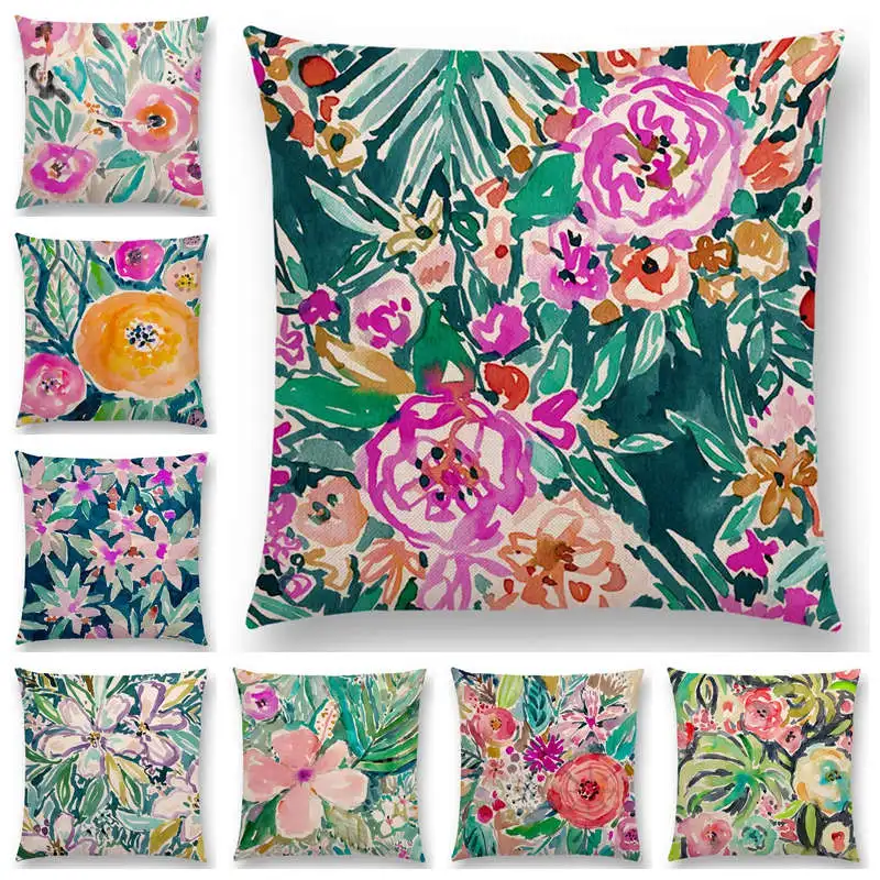 

Hot Sale Beautiful Flowers Watercolor Painting Flourish Floral Gardens Delight Prints Colorful Cushion Cover Sofa Pillow Case