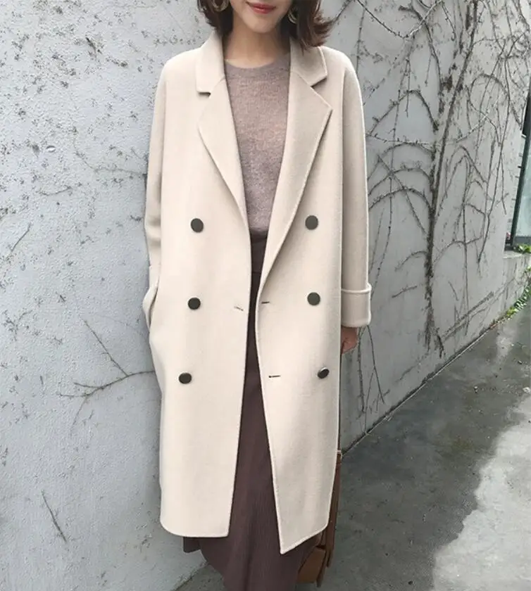 

Long section double-breasted lapel woolen coat 2018 new double-sided cashmere versatile thin woolen jacket female