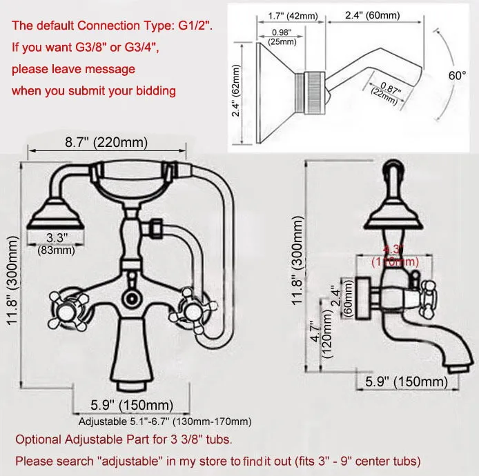 Antique Red Copper Wall Mounted Bathroom Tub Faucet Dual Cross Handles Telephone Style Hand Shower Clawfoot Tub Filler ana371