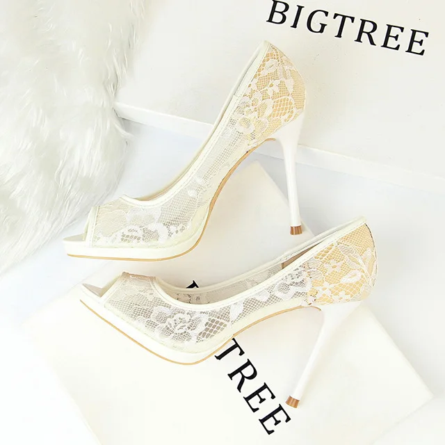 Bigtree/обувь; новые весенние туфли-лодочки; женская модная свадебная обувь на высоком каблуке; женская обувь с открытым носком; обувь для вечеринок на шнуровке; женская обувь на шпильках - Цвет: Белый