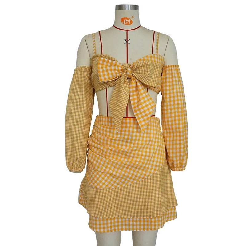 CWLSP клетчатая юбка, летний комплект из двух предметов с высокой талией, платье с оборками и завязками, праздничное платье, vestido conjunto feminino QL3827 - Цвет: Цвет: желтый