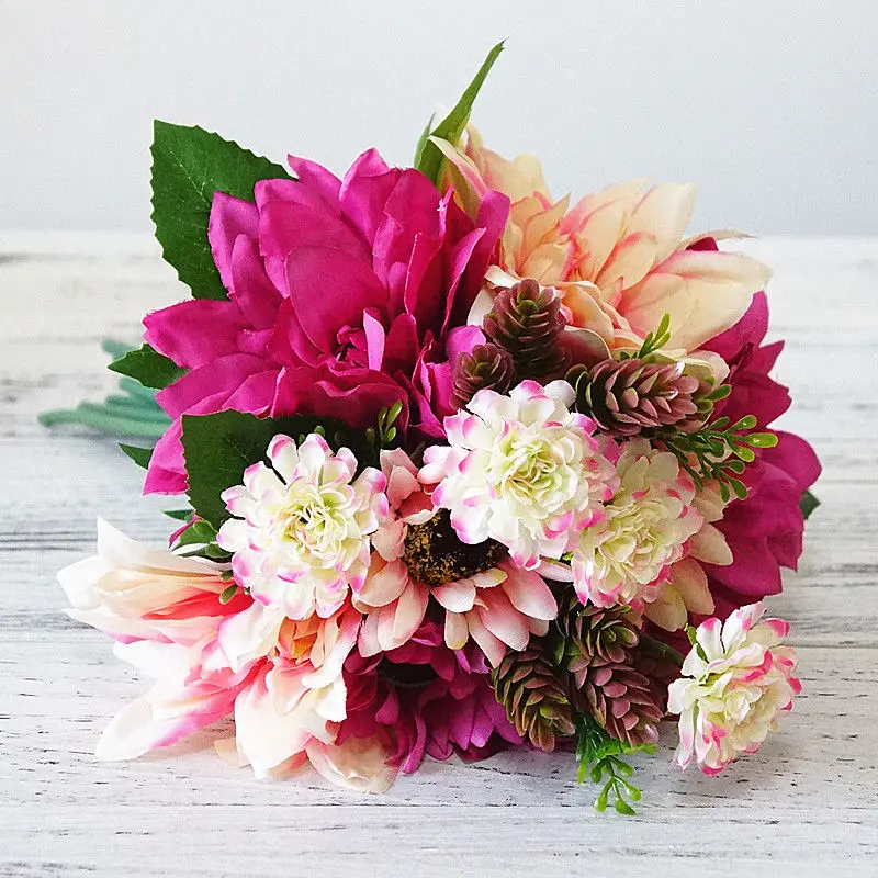

12Pcs/Bunch beautiful Silk+Plastic Artificial Dahlia Hand flowers for bridal wedding decoration mariage Flower flores wreath