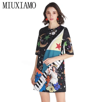 

MIUXIMAO High Quality 2019 Luxurious Spring&Summer Dress Diamonds Flower Star Moon print Eleghant Casual Dress Women vestido