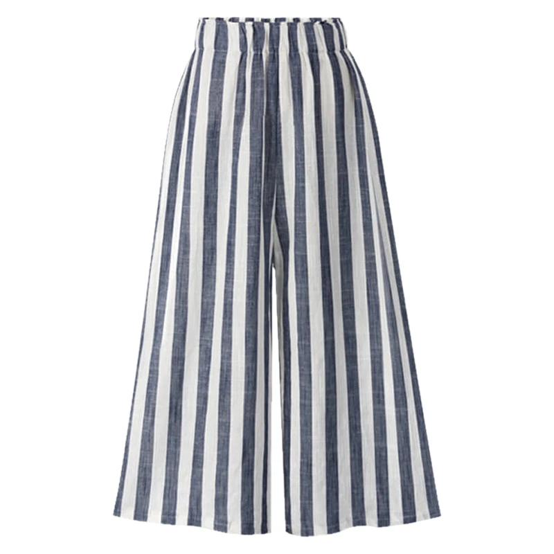

Spring Autumn Print Ladies Casual Streetwear Elegant Cotton Linen Plus Size Loose Trousers High Waist Stripe Wide Leg Pants Wo