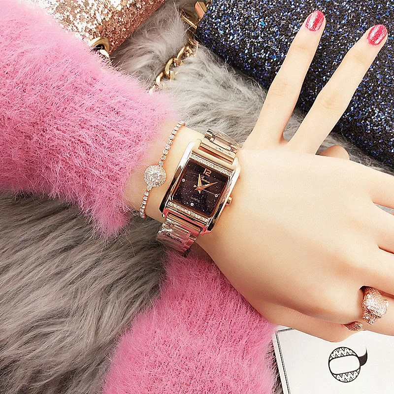 Топ Бренд роскошные женские часы розовое золото прямоугольные женские часы с бриллиантами кварцевые женские наручные часы Часы Relogio Feminino