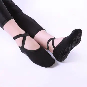 

Women Girls Sport Pilates Slipper Boat Socks Low Cut No Show Footprints PVC Dots Anti-Skid Grip Criss Cross Bandage Ballet