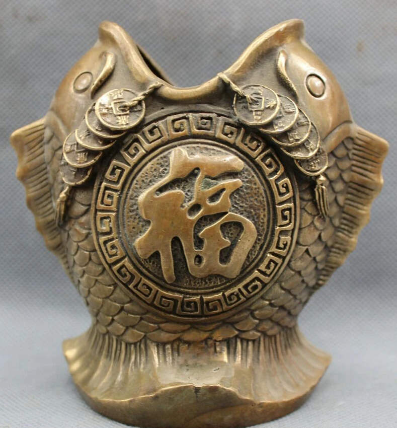 

S3636 Chinese Bronze Copper Wealth Coin Fu 2 Fish Head Statue Brush Pot Pencil Vase D0317