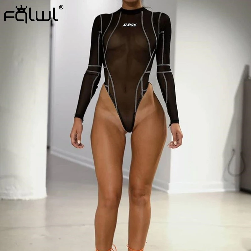 FQLWL انظر من خلال شبكة مثير ارتداءها النساء طويلة الأكمام شفافة Bodycon ارتداءها الشارع الشهير سروال قصير صيفي للأطفال إمرأة بذلة