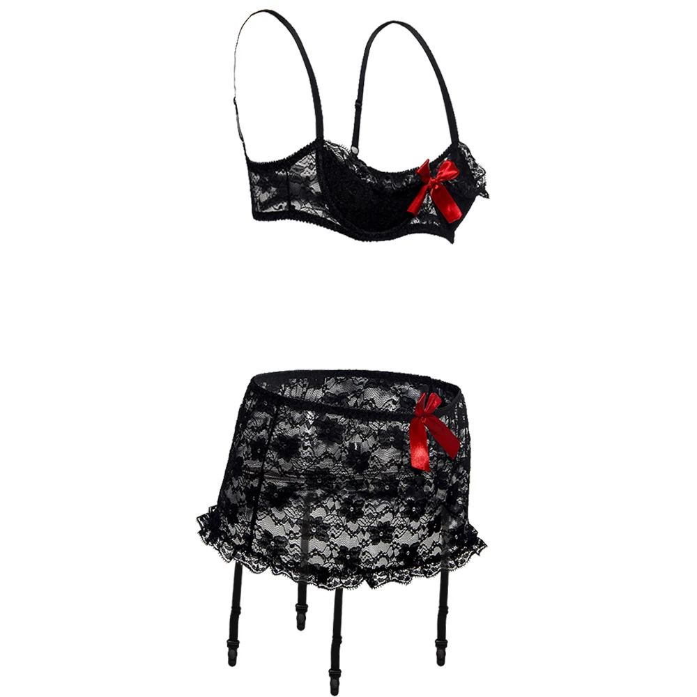 2018 New Sexy Lingerie Hot Erotic Lace Babydoll Pajamas Exotic Open Bra Underwear Suit Open Cup Bra+Garter+Skirt With Steel Ring