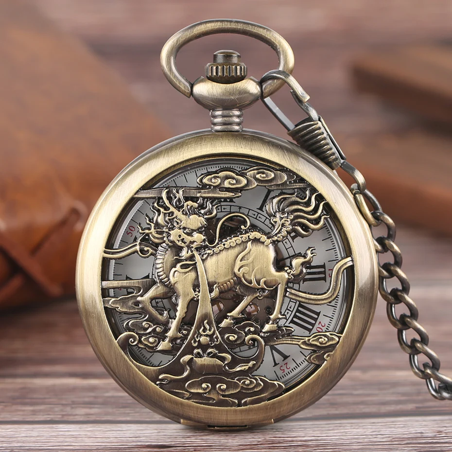  Vintage Roman Numbers Mechanical Pocket Watches Men Women Automatic Kylin Hollow Fob Clock Exquisite Gift For Xmas Birthday  (1)