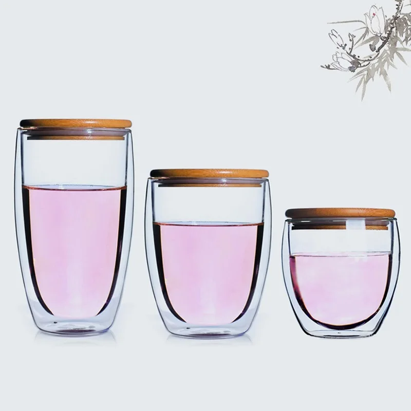

High-Borosilicate Egg Shape Double-Glazed Glass Transparent Water Bottle Insulated Coffee Mug Tea Cup Drinkware with Wooden Lid