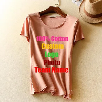 

2019 Slim High Quality Short Sleeve Women Cotton Solid T shirt Custom Made Logo Photo Text Printed Girl T-shirt Lady Basic Tops