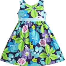 Sunny Fashion платья для девочек Синий Ремень Цветок Распечатать Вечеринка Дети Sundress