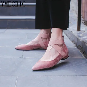

YMECHIC 2018 Ladies Casual Ballet Flats Kid Suede Cross Strap Pointed Flat Mary Jane Shoes Summer Ankle Strap Spring Flats Shoe