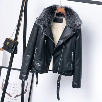 

Faux Leather Fur Collar Jacket PU Casual Female Jacket Coat Women Thick Warm Winter Ladies Motorcycle Outwear Black Color 2019