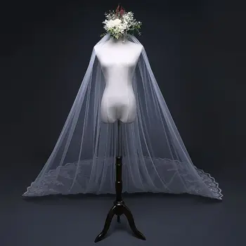 

4M One-Layer Women Trailing Cathedral Long Wedding Veil Embroidered Floral Lace Applique Scalloped Trim Bridal Veil With Comb